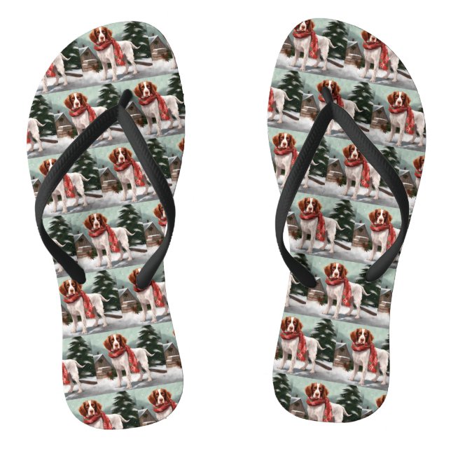 Brittany Spaniel Dog in Snow Christmas Flip Flops (Footbed)