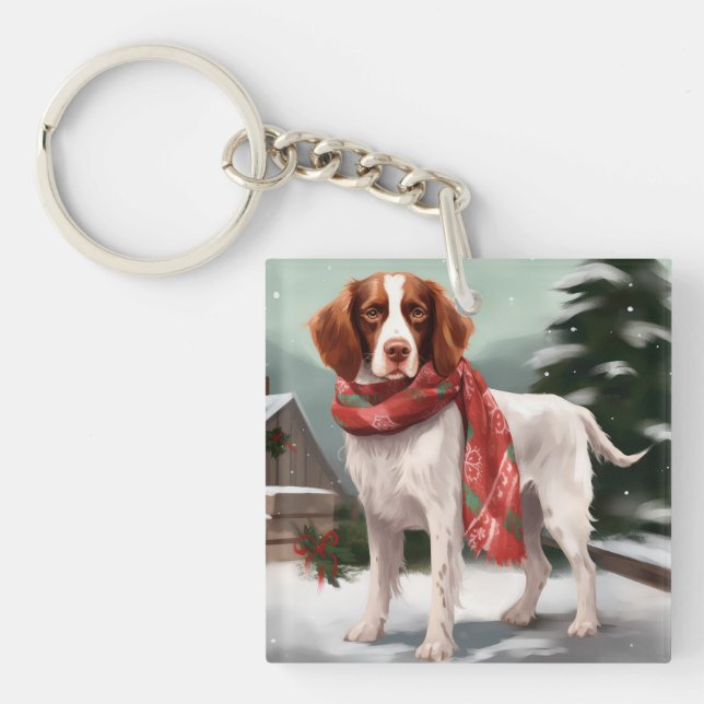 Brittany Spaniel Dog in Snow Christmas Keychain (Front)