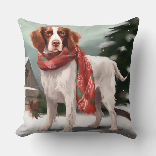 Brittany Spaniel Dog in Snow Christmas Throw Pillow (Front)