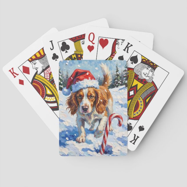 Brittany Spaniel Dog Pointing at Christmas Candy Playing Cards (Back)