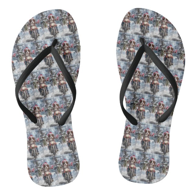 Brittany Spaniel Dog Riding Motorcycle Christmas Flip Flops (Footbed)