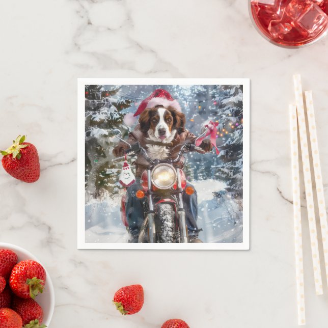 Brittany Spaniel Dog Riding Motorcycle Christmas Napkin (Insitu)