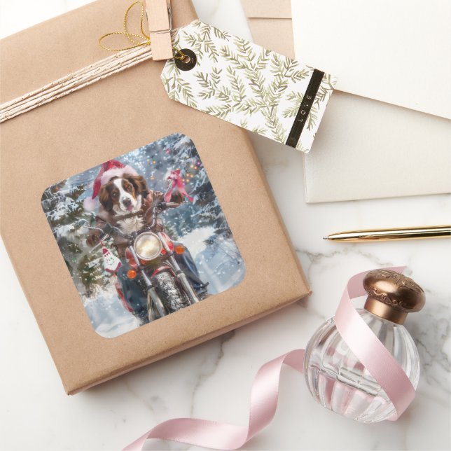 Brittany Spaniel Dog Riding Motorcycle Christmas Square Sticker (Gifting)