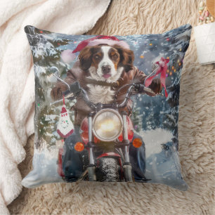 Brittany Spaniel Dog Riding Motorcycle Christmas Throw Pillow