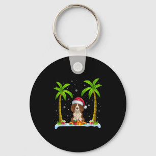 Brittany Spaniel Dog Santa Hat Palm Tree Beach Xma Keychain