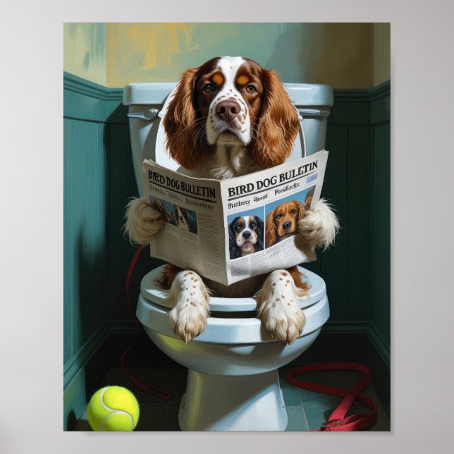 Brittany Spaniel Dog Sitting On Toilet Funny  Poster (Front)