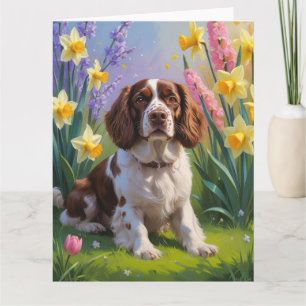 Brittany Spaniel Dog Spring Flowers Painting  Card