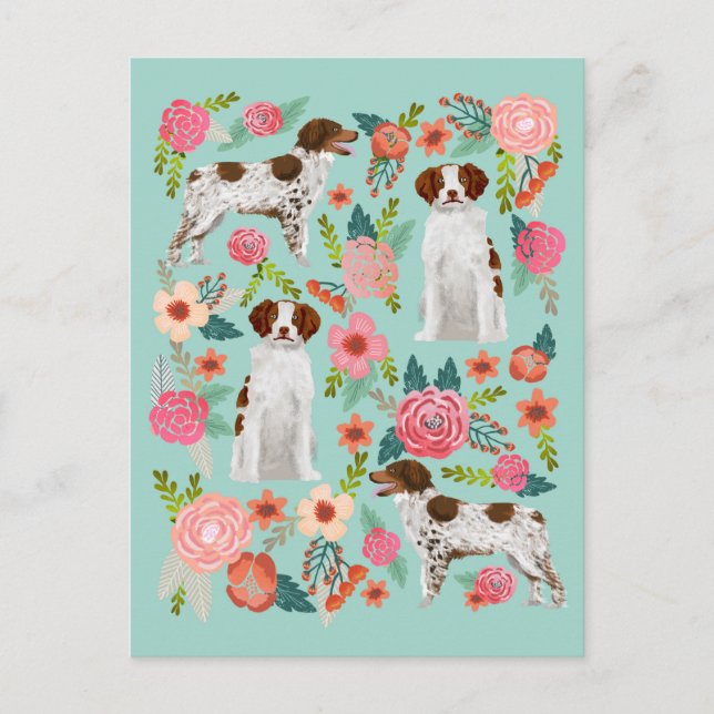 Brittany Spaniel Dog Vintage Florals Art Postcard (Front)