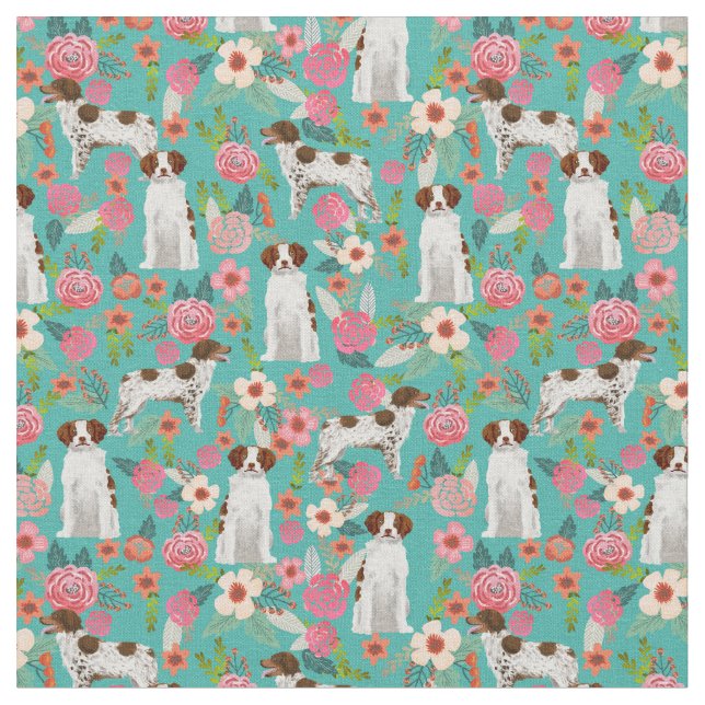 brittany spaniel dog vintage florals turquoise fabric (Close Up)