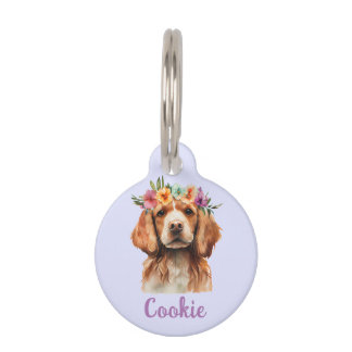 Brittany Spaniel Dog Watercolor Flower Pet Tag