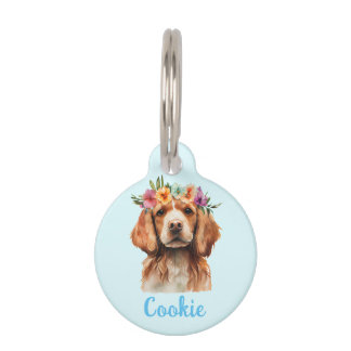 Brittany Spaniel Dog Watercolor Flower Pet Tag
