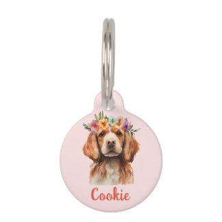 Brittany Spaniel Dog Watercolor Flower Pet Tag