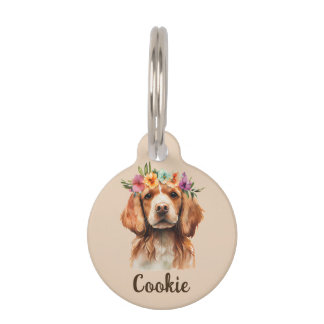 Brittany Spaniel Dog Watercolor Flower Pet Tag