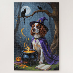 Brittany Spaniel Dog Whimsical Halloween Painting Jigsaw Puzzle