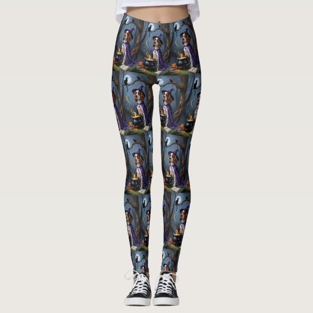 Brittany Spaniel Dog Whimsical Halloween Painting Leggings (Front)