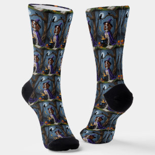 Brittany Spaniel Dog Whimsical Halloween Painting Socks