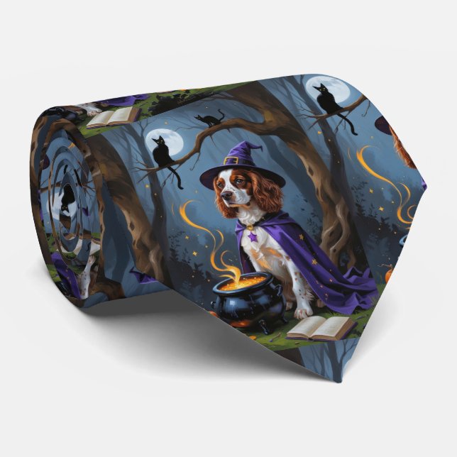Brittany Spaniel Dog Whimsical Halloween Painting Tie (Rolled)