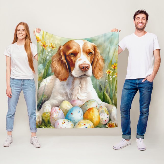 Brittany Spaniel Dog with Easter Eggs Holiday Fleece Blanket (In Situ)