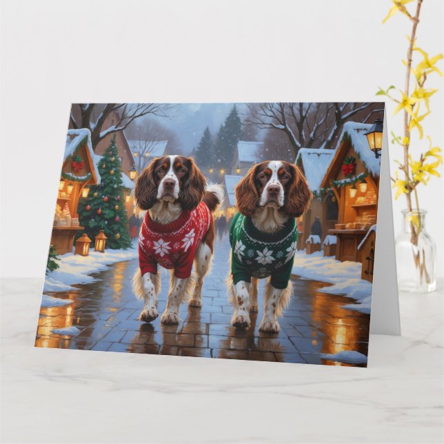 Brittany Spaniel Dogs Christmas Snow Holiday Card (Yellow Flower)