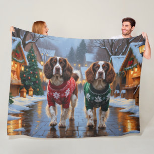 Brittany Spaniel Dogs Christmas Snow Holiday Fleece Blanket
