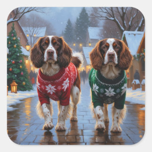 Brittany Spaniel Dogs Christmas Snow Holiday Square Sticker