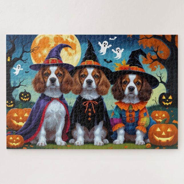 Brittany Spaniel Dogs Pumpkin Halloween Funny  Jigsaw Puzzle (Horizontal)