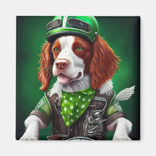 Brittany Spaniel driving bike St. Patrick's Day Magnet