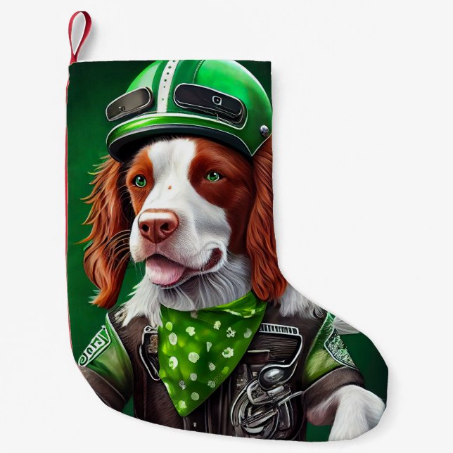 Brittany Spaniel driving bike St. Patrick's Day Small Christmas Stocking (Front)
