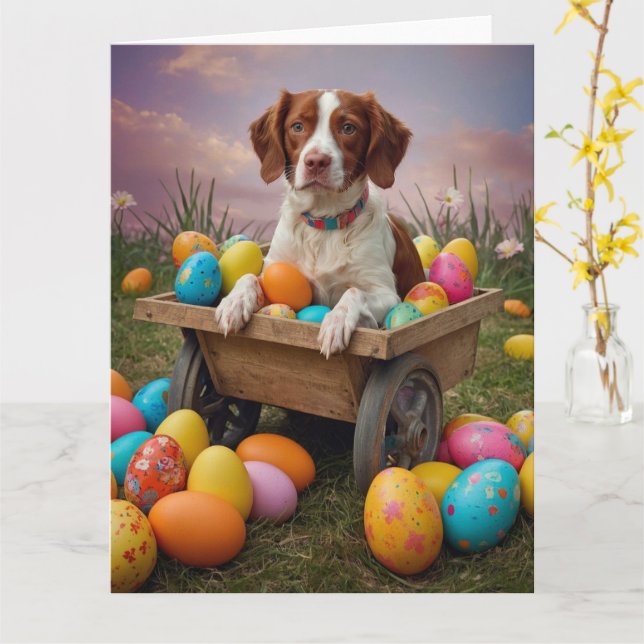 Brittany Spaniel  Easter Eggs Card (Yellow Flower)