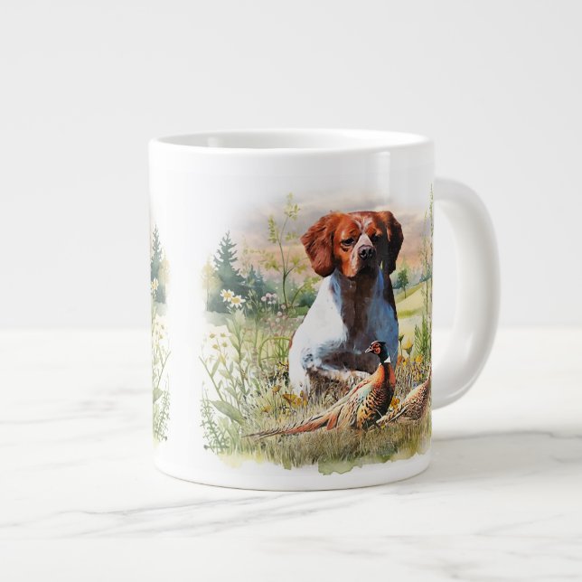 Brittany Spaniel – Field, Focus, Pheasant , Art  Large Coffee Mug (Front Right)