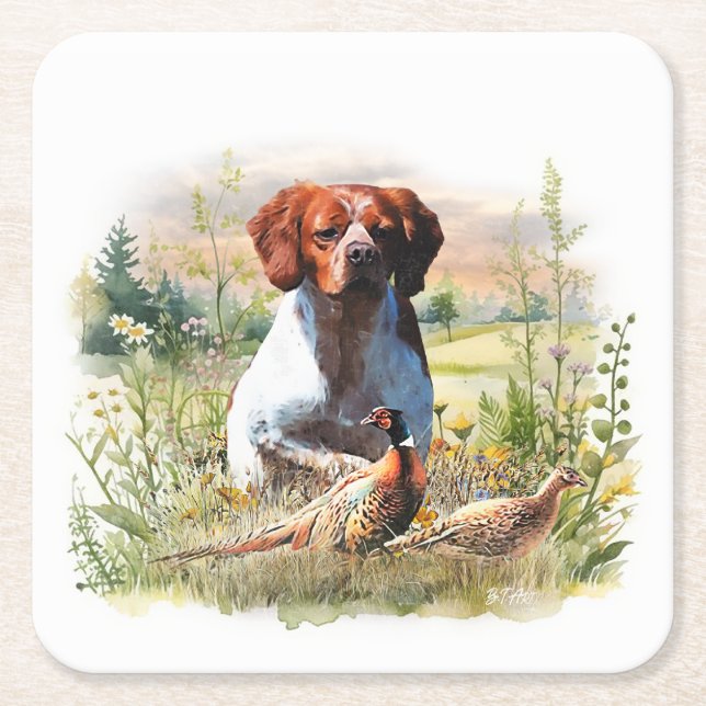 Brittany Spaniel – Field, Focus, Pheasant , Art  Square Paper Coaster (Front)