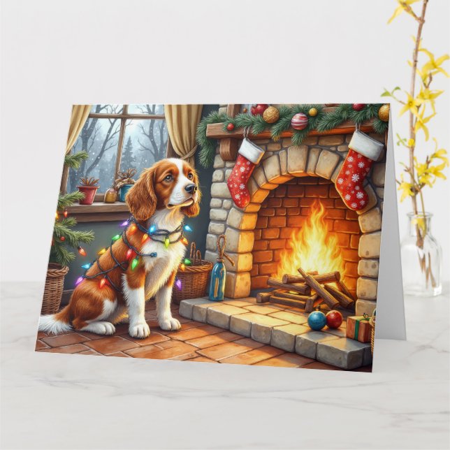 Brittany Spaniel Fireplace with Christmas Lights Card (Yellow Flower)