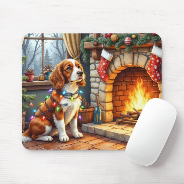 Brittany Spaniel Fireplace with Christmas Lights Mouse Pad (With Mouse)