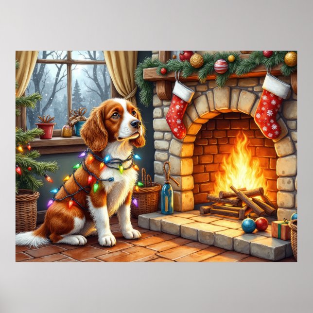 Brittany Spaniel Fireplace with Christmas Lights Poster (Front)