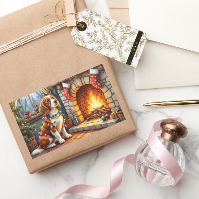 Brittany Spaniel Fireplace with Christmas Lights Sticker (Gifting)
