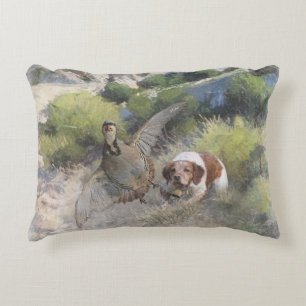 Brittany Spaniel hunting chukar partridge, Art Accent Pillow