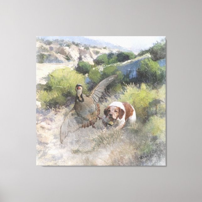 Brittany Spaniel hunting chukar partridge, Art  Canvas Print (Front)
