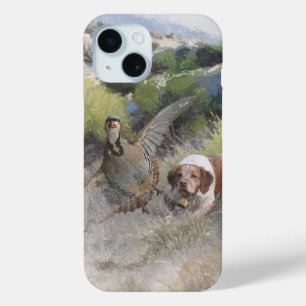 Brittany Spaniel hunting chukar partridge, Art  iPhone 15 Case
