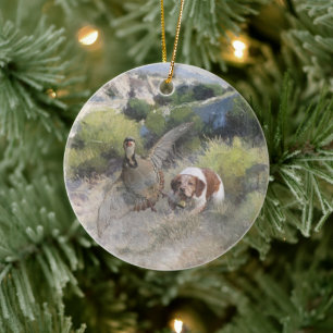 Brittany Spaniel hunting chukar partridge, Art  Ceramic Ornament