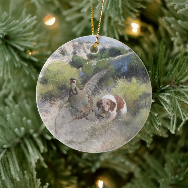 Brittany Spaniel hunting chukar partridge, Art  Ceramic Ornament (Tree)