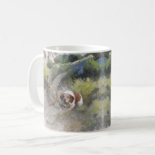 Brittany Spaniel hunting chukar partridge, Art Coffee Mug