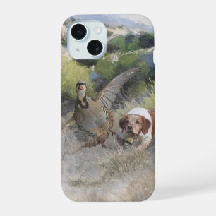 Brittany Spaniel hunting chukar partridge, Art  iPhone 15 Case