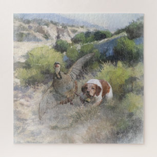 Brittany Spaniel hunting chukar partridge, Art  Jigsaw Puzzle