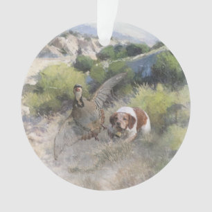 Brittany Spaniel hunting chukar partridge, Art  Ornament