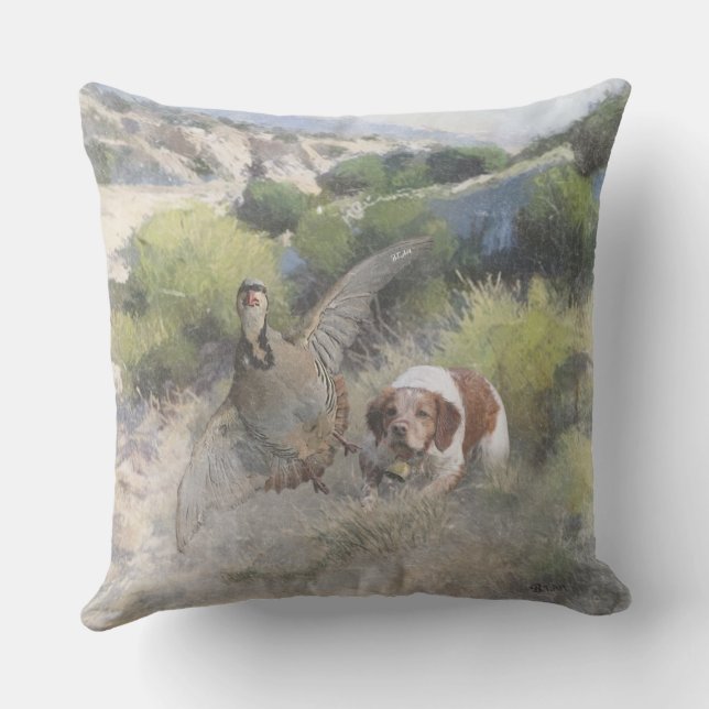 Brittany Spaniel hunting chukar partridge, Art  Outdoor Pillow (Back)