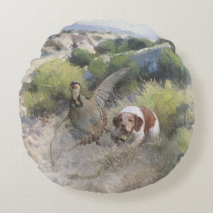 Brittany Spaniel hunting chukar partridge, Art Round Pillow