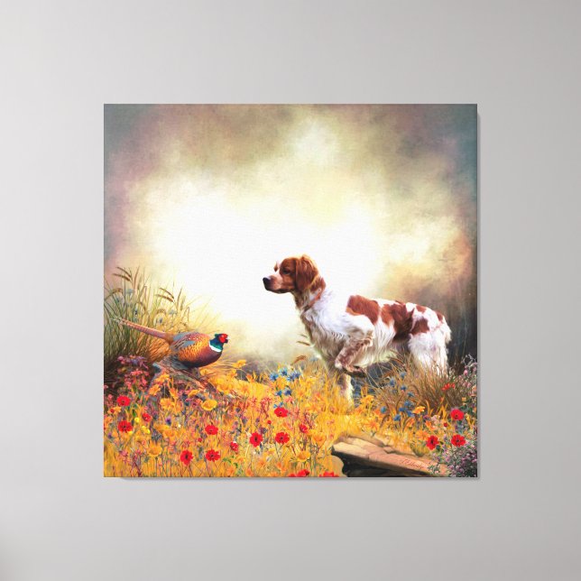 Brittany Spaniel, Hunting Pheasant   Canvas Print (Front)