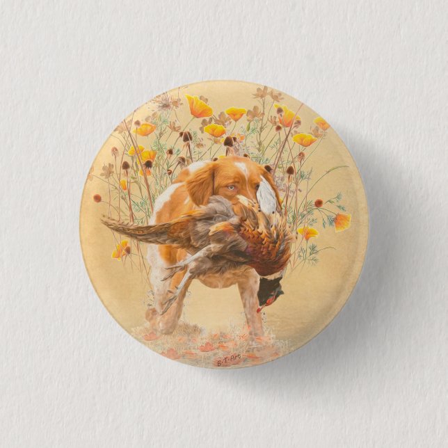 Brittany Spaniel, Hunting Pheasant Coffee Mug T-Sh 1 Inch Round Button (Front)