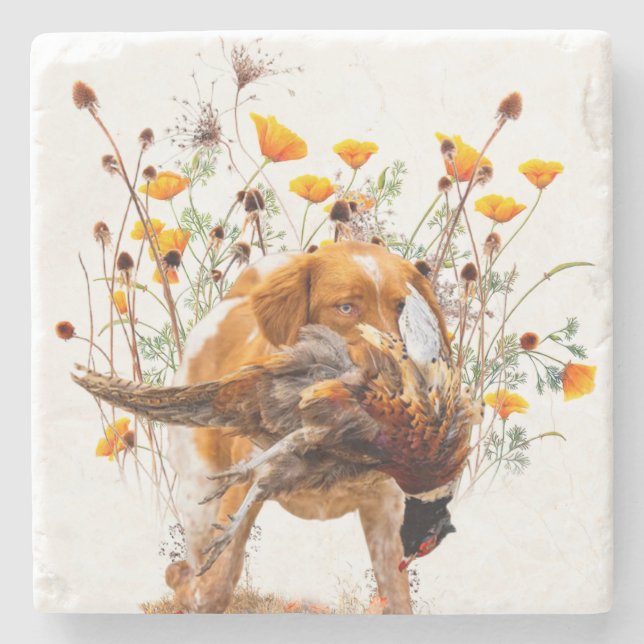 Brittany Spaniel, Hunting Pheasant Coffee Mug T-Sh Stone Coaster (Front)
