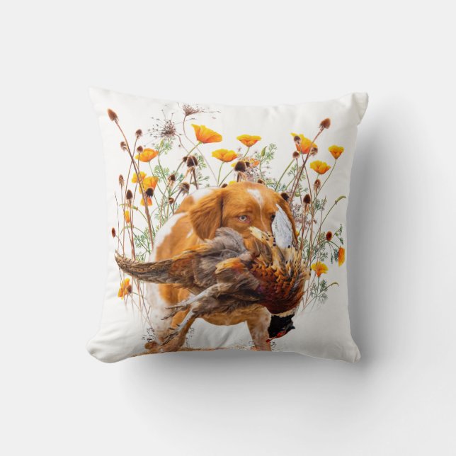 Brittany Spaniel, Hunting Pheasant Coffee Mug T-Sh Throw Pillow (Front)